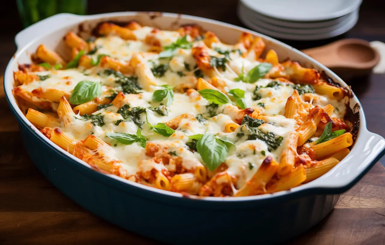 Baked Ziti Pasta With A Rich Tomato Sauce, Spinach, And Melted M